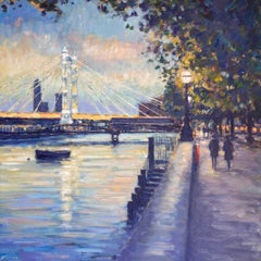 Passeggiata al crepuscolo verso l'Albert Bridge - dipinto originale impressionista del paesaggio urbano di Londra