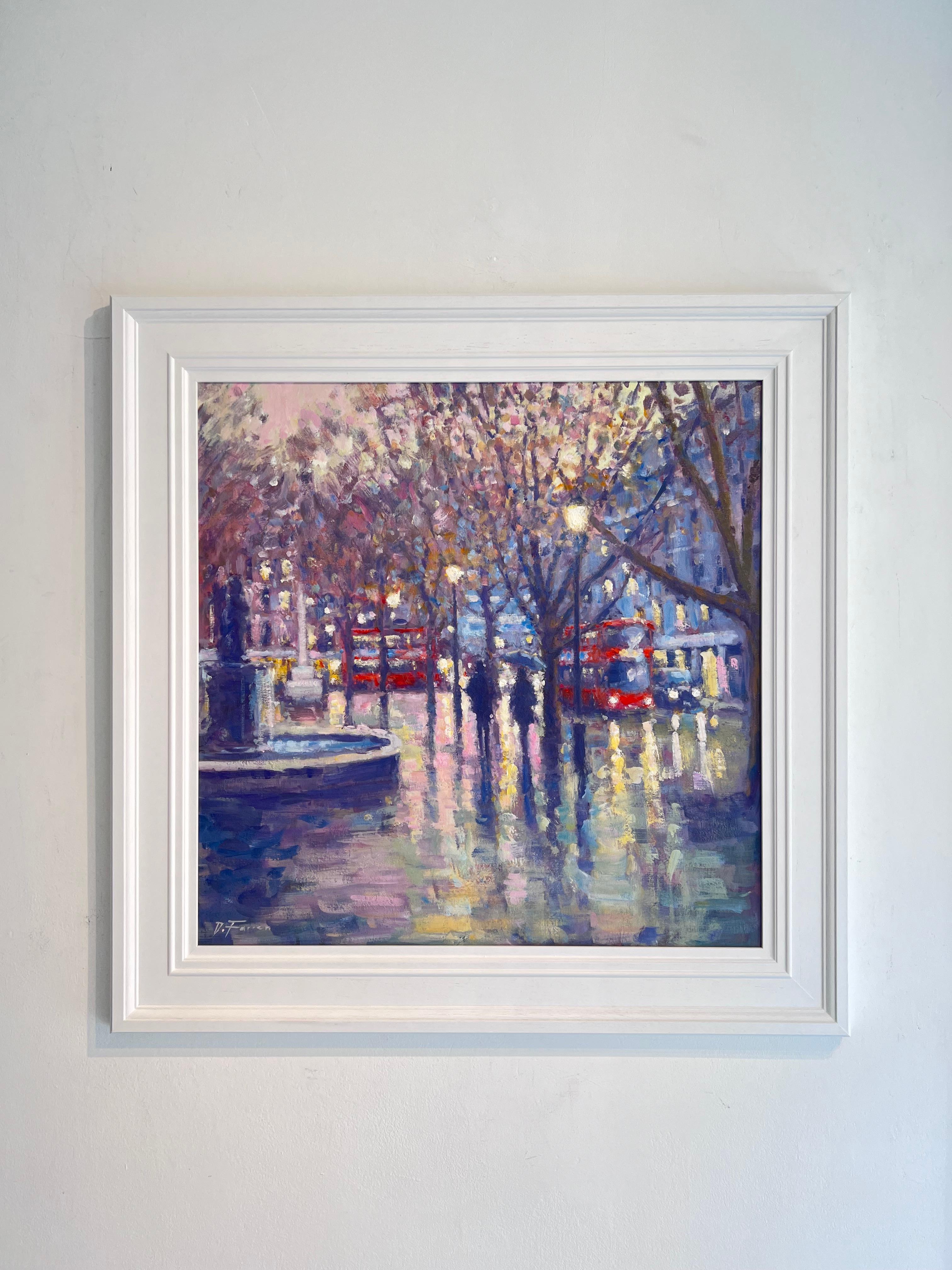 Early Evening Sloane Square - original impressionism London cityscape painting - Painting by David Farren