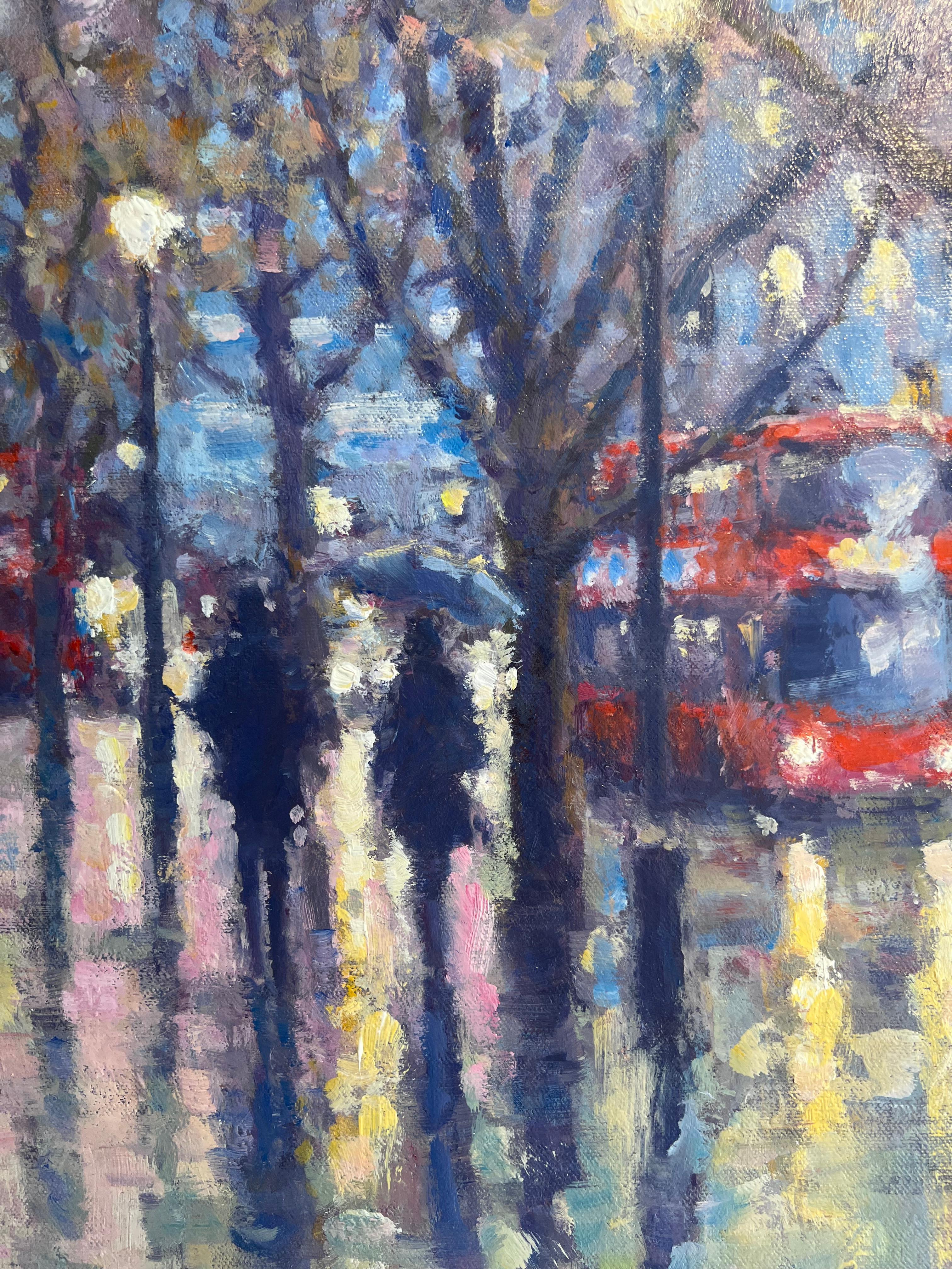 Early Evening Sloane Square - original impressionism London cityscape painting - Impressionist Painting by David Farren