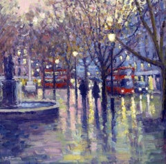 Sloane Square - impressionnisme original - peinture de paysage urbain londonien du début de soirée