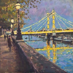 Evening Glow, Albert Bridge - original impressionism cityscape painting - art