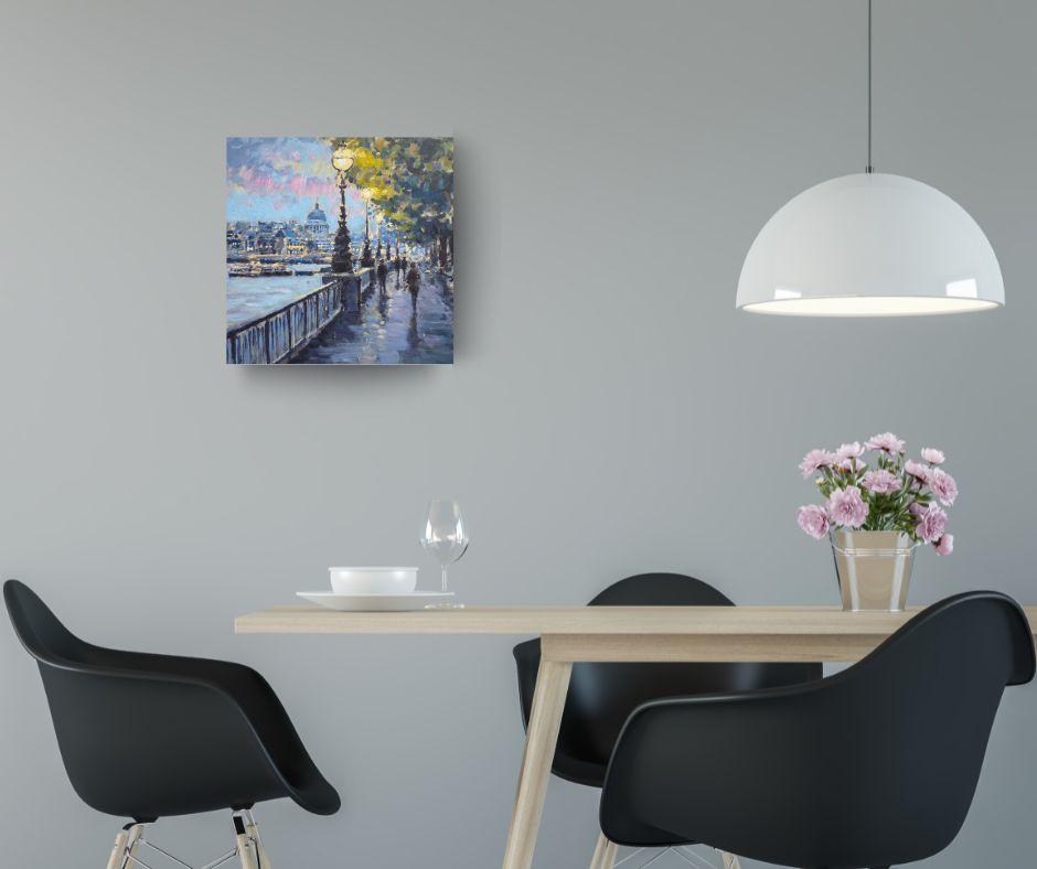 Evening Light, Southbank - original impressionism London cityscape painting - Painting by David Farren