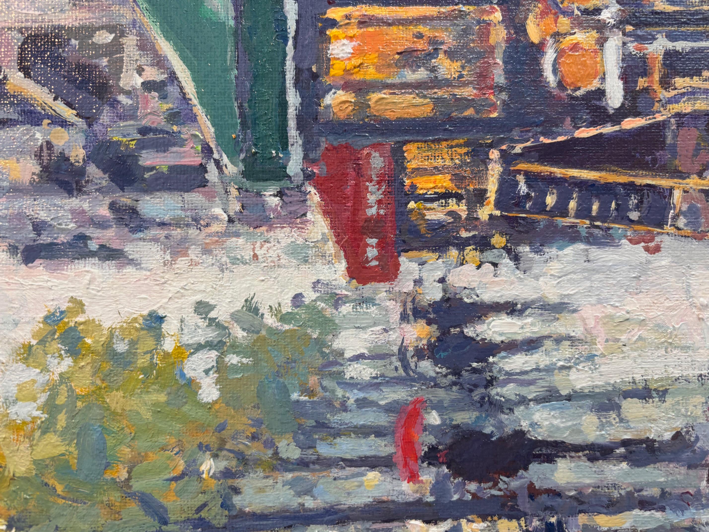 Evening Shower, Paris - original impressionism London cityscape painting - Gray Abstract Painting by David Farren