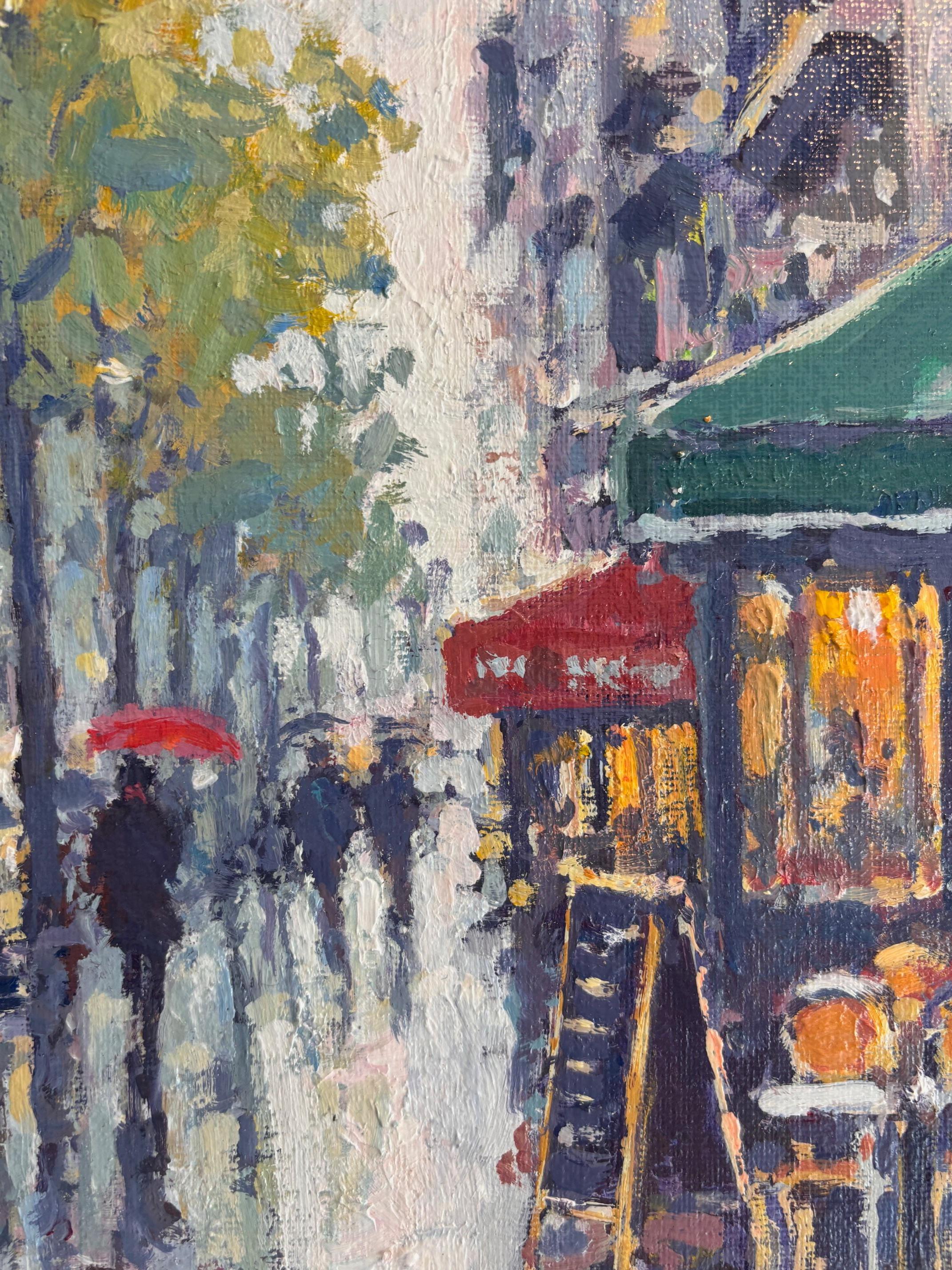 Abenddusche, Paris - original impressionistisches Gemälde einer Londoner Stadtlandschaft (Grau), Landscape Painting, von David Farren
