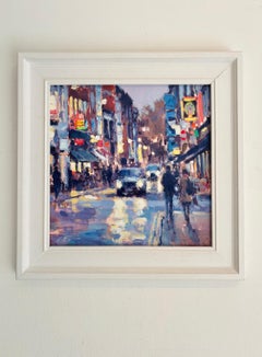Viernes noche, Frith Street, Soho - Pintura acrílica de paisaje urbano