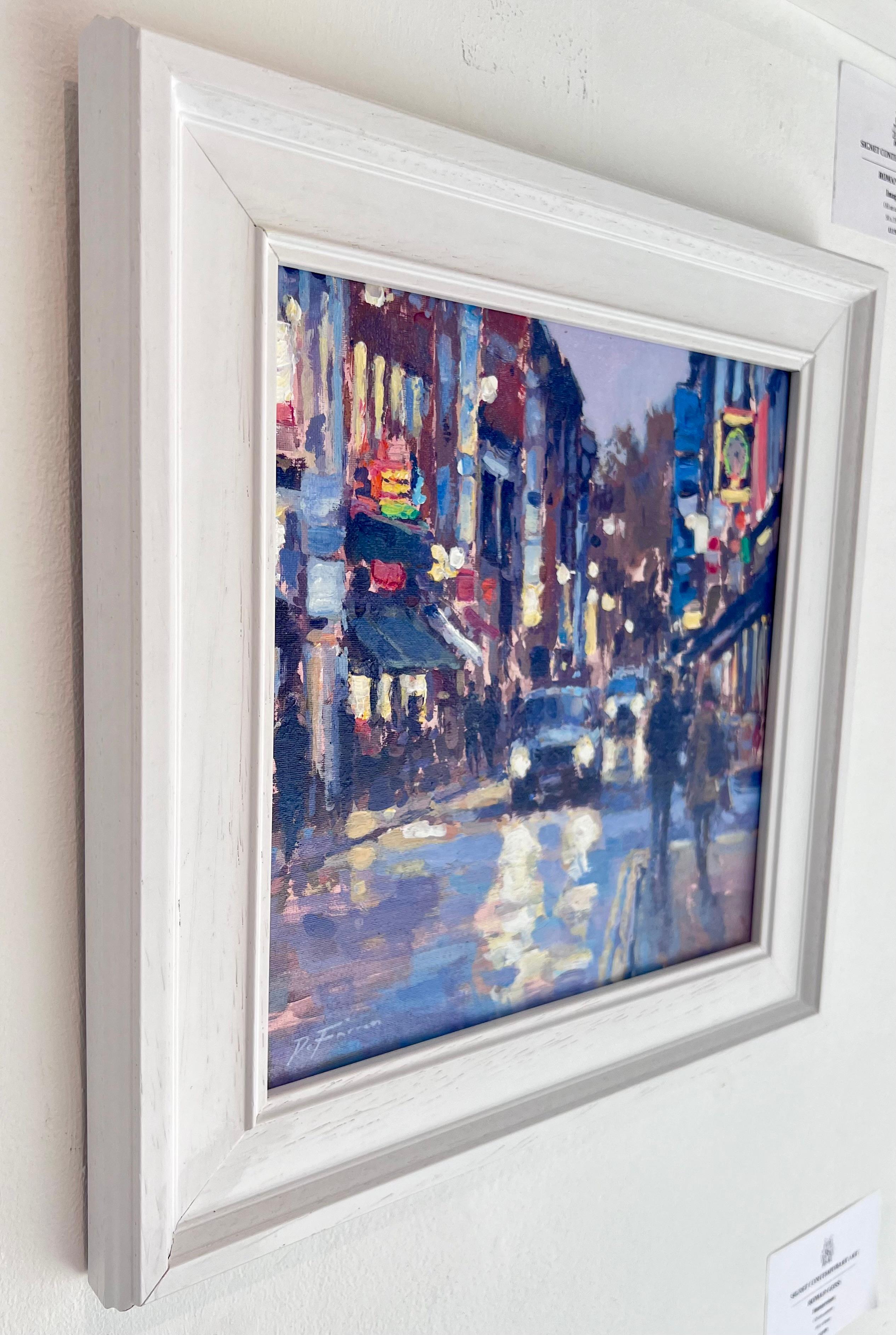 Friday Night, Frith Street, impressionnisme Soho-original  peinture de paysage urbain-Art - Impressionnisme Painting par David Farren