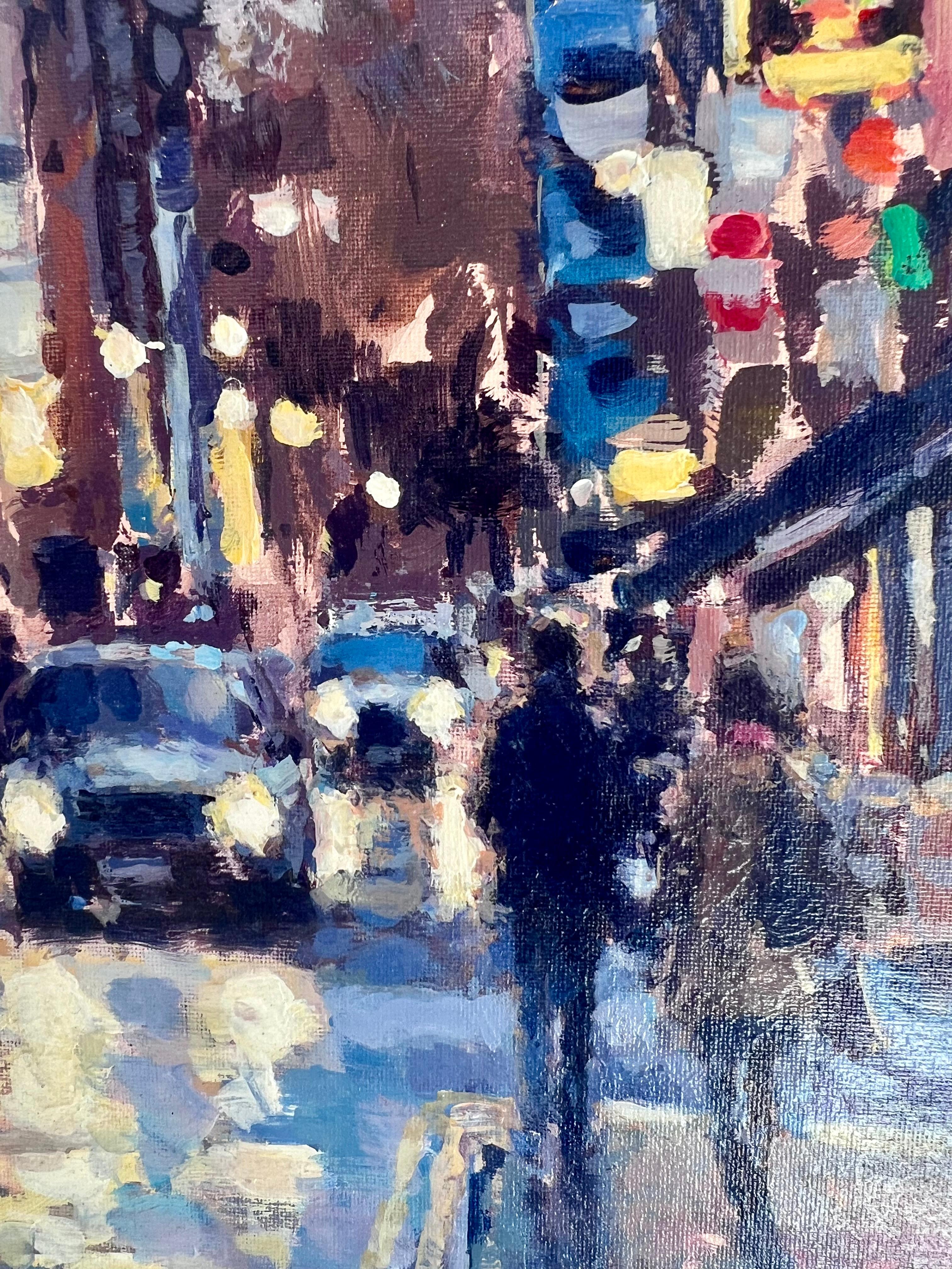 Friday Night, Frith Street, impressionnisme Soho-original  peinture de paysage urbain-Art - Gris Abstract Painting par David Farren