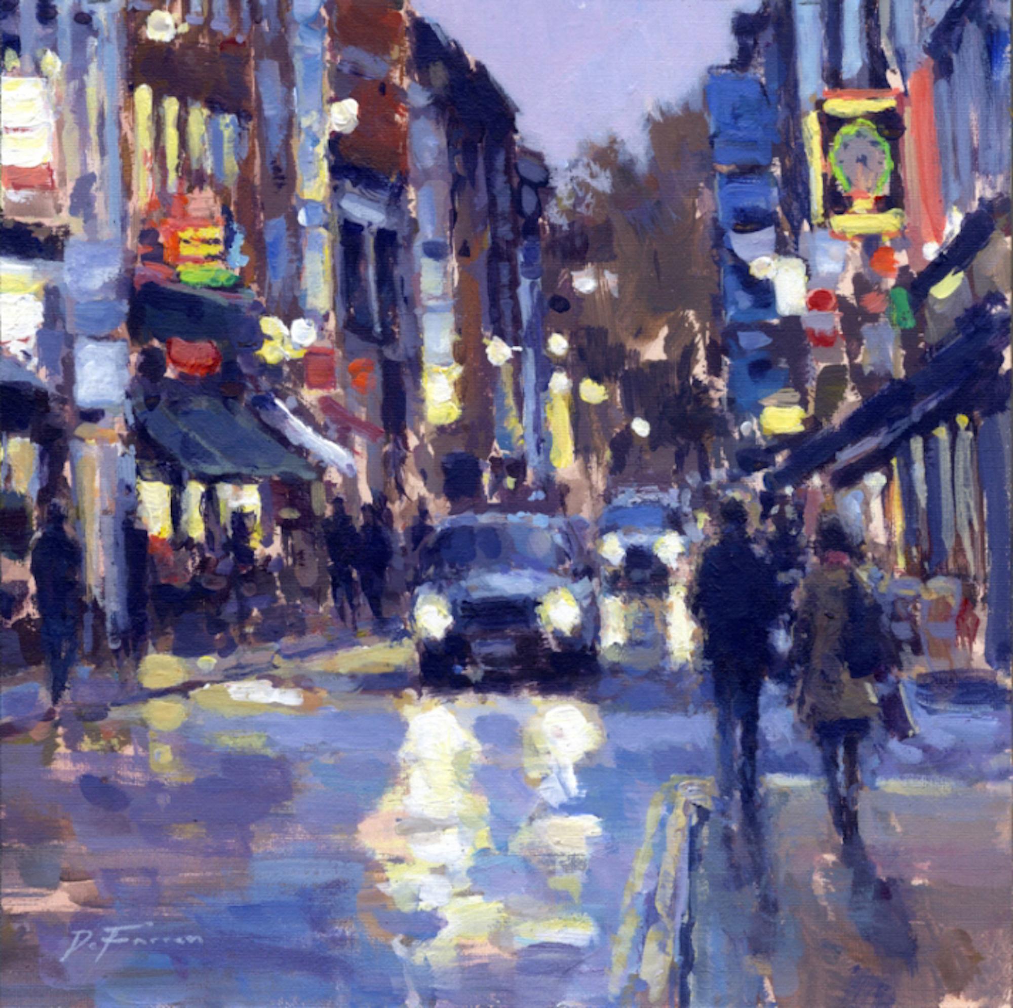 David Farren Abstract Painting – Friday Night, Frith Street, Soho-original Impressionismus  Stadtbildmalerei-Kunst