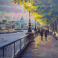 Lamplight Walk, Southbank - original contemporary impressionism London painting