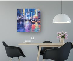 Manhattan Night Reflections-original impressionism NYC painting-contemporary Art