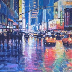 Manhattan Night Reflections-original impressionism NYC painting-contemporary Art
