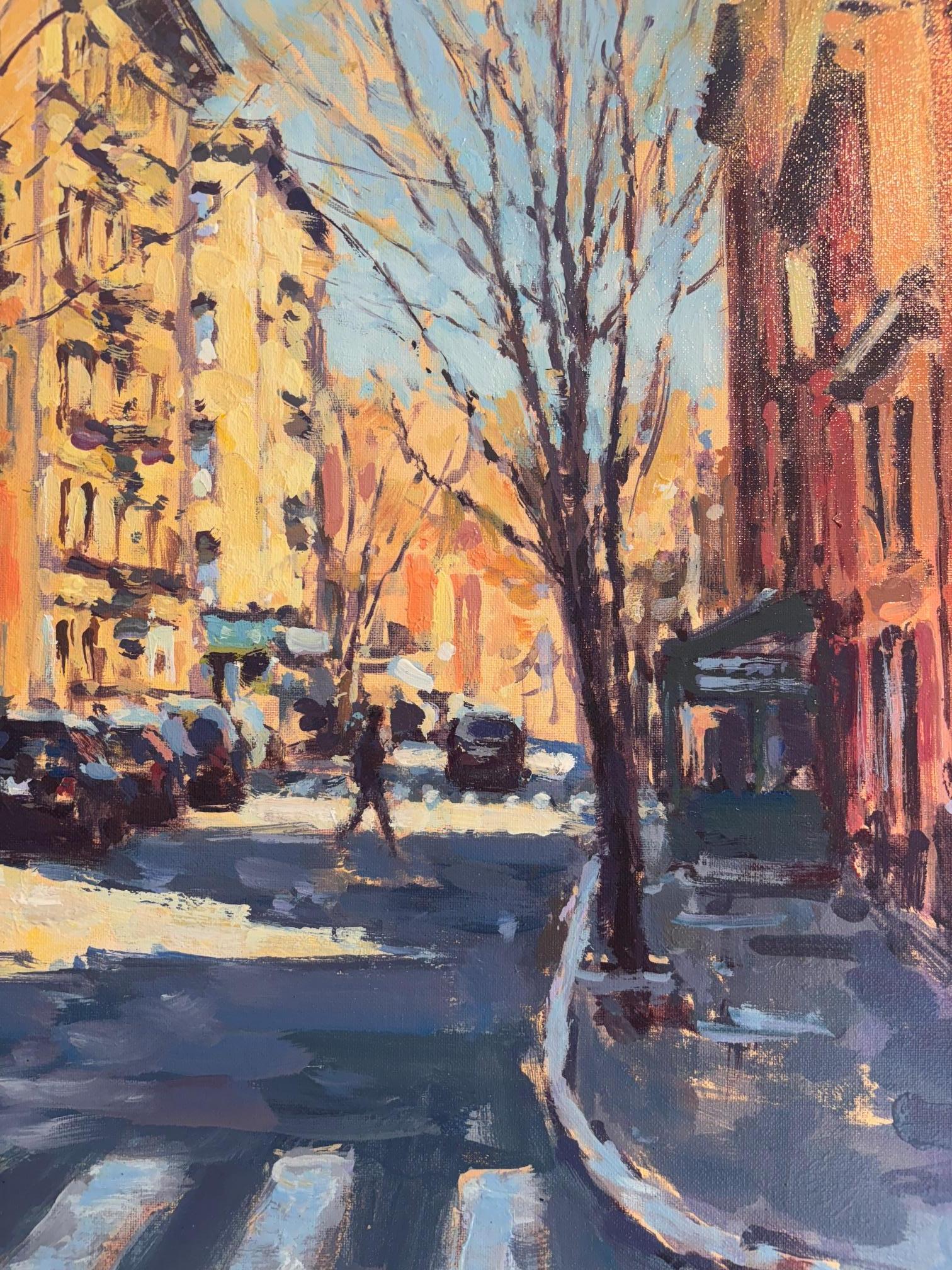 Morning Light, West Village - original impressionism London cityscape painting - Impressionist Painting by David Farren