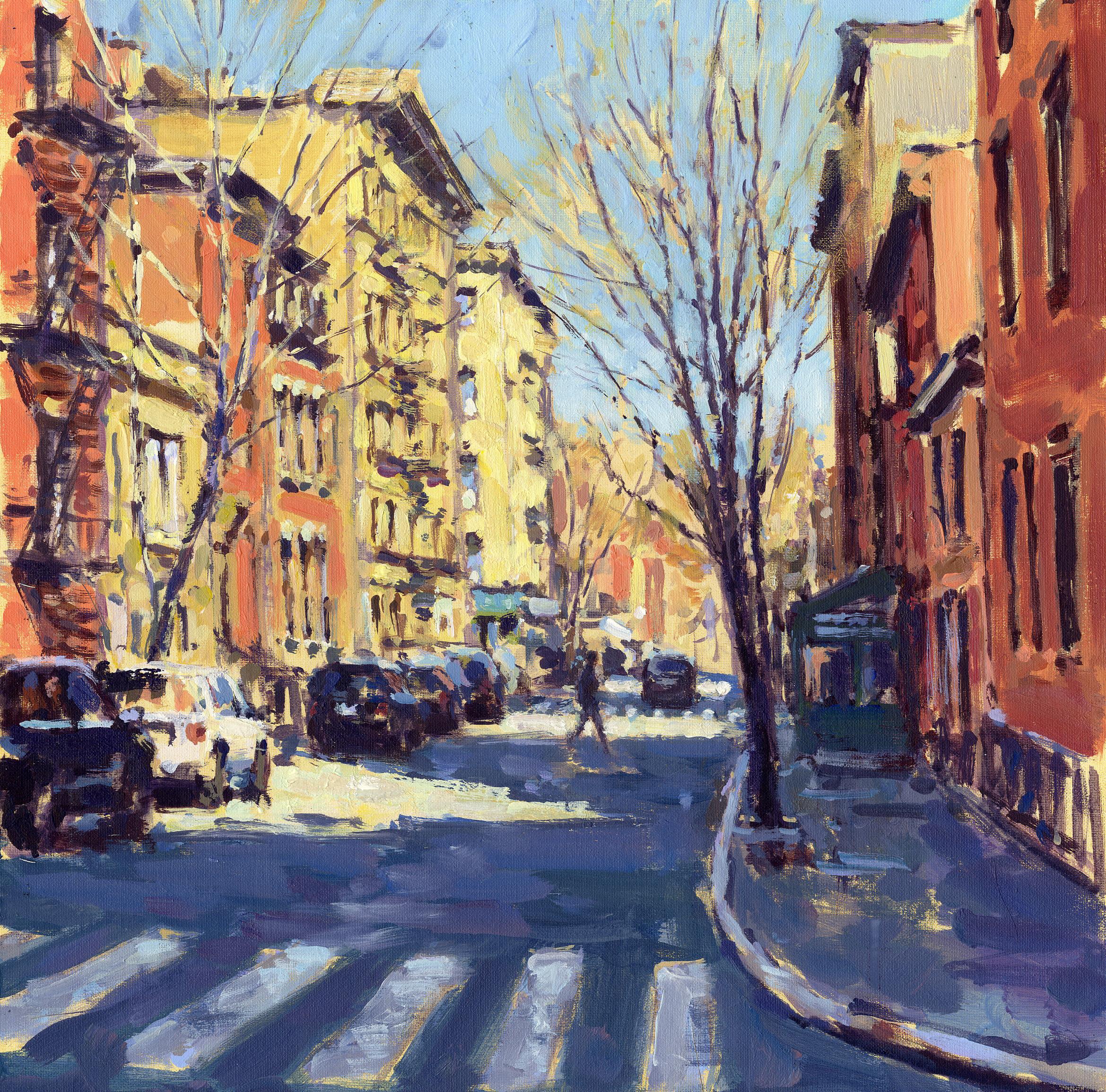 David Farren Abstract Painting - Morning Light, West Village - original impressionism London cityscape painting