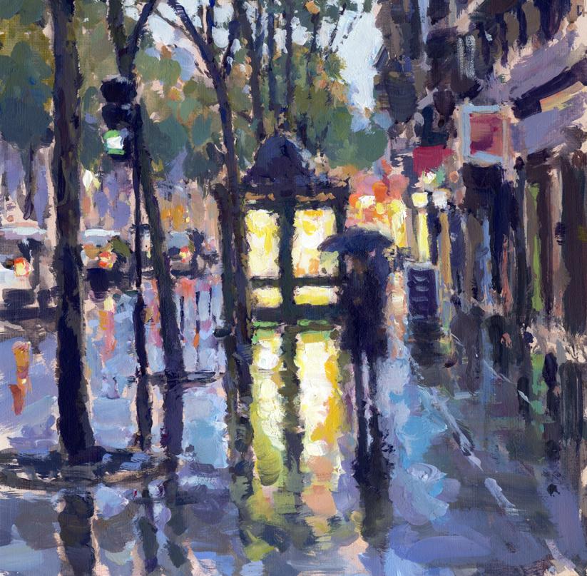 News Stand Reflections Paris-original impressionism cityscape painting-Art - Painting by David Farren