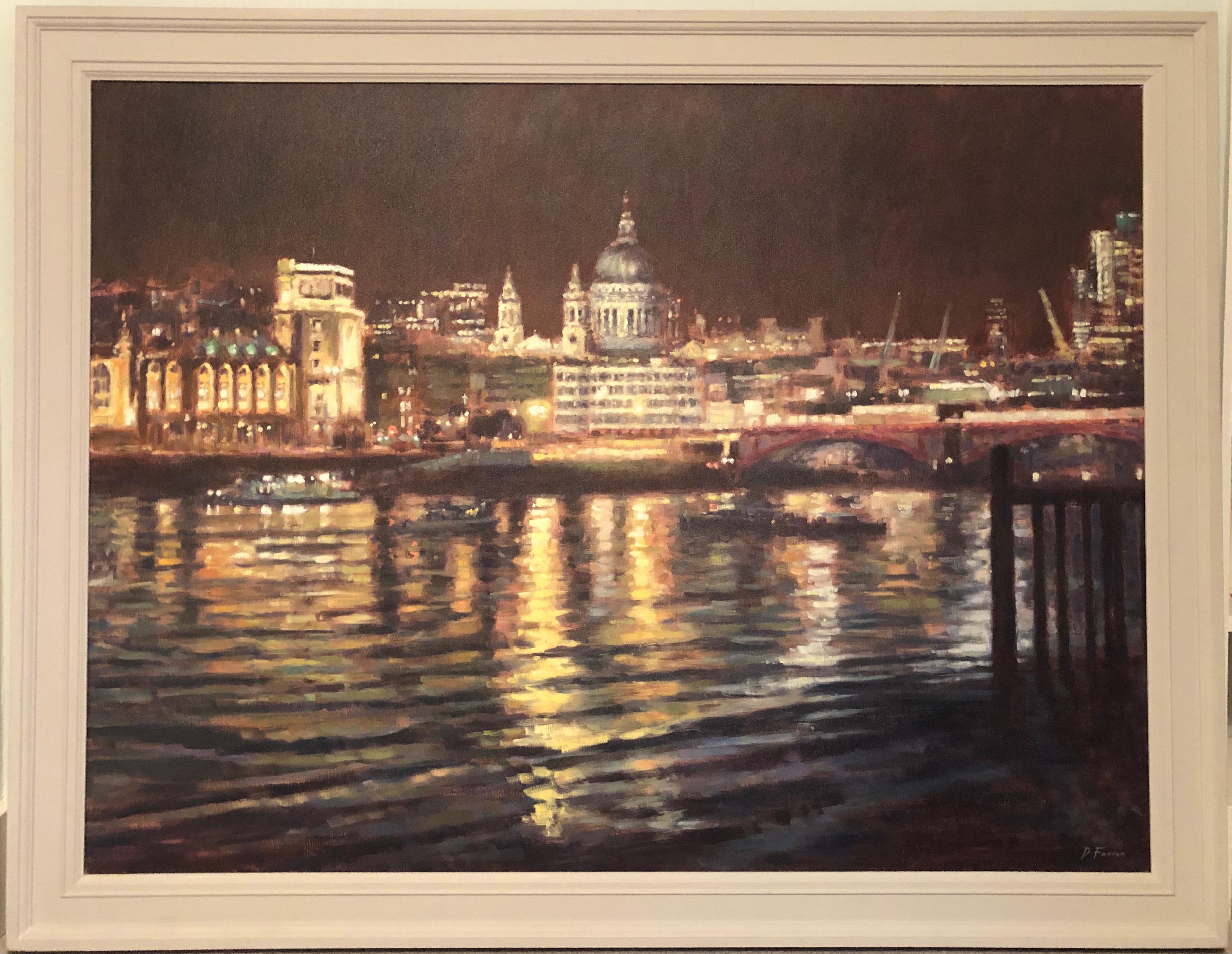 Night Fall St Paul's - London landscape cityscape painting modern impressionist - Painting by David Farren