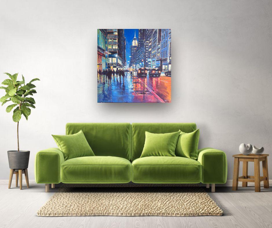 Night Lights on Fifth Avenue - original impressionism NYC - contemporary Art - Painting by David Farren