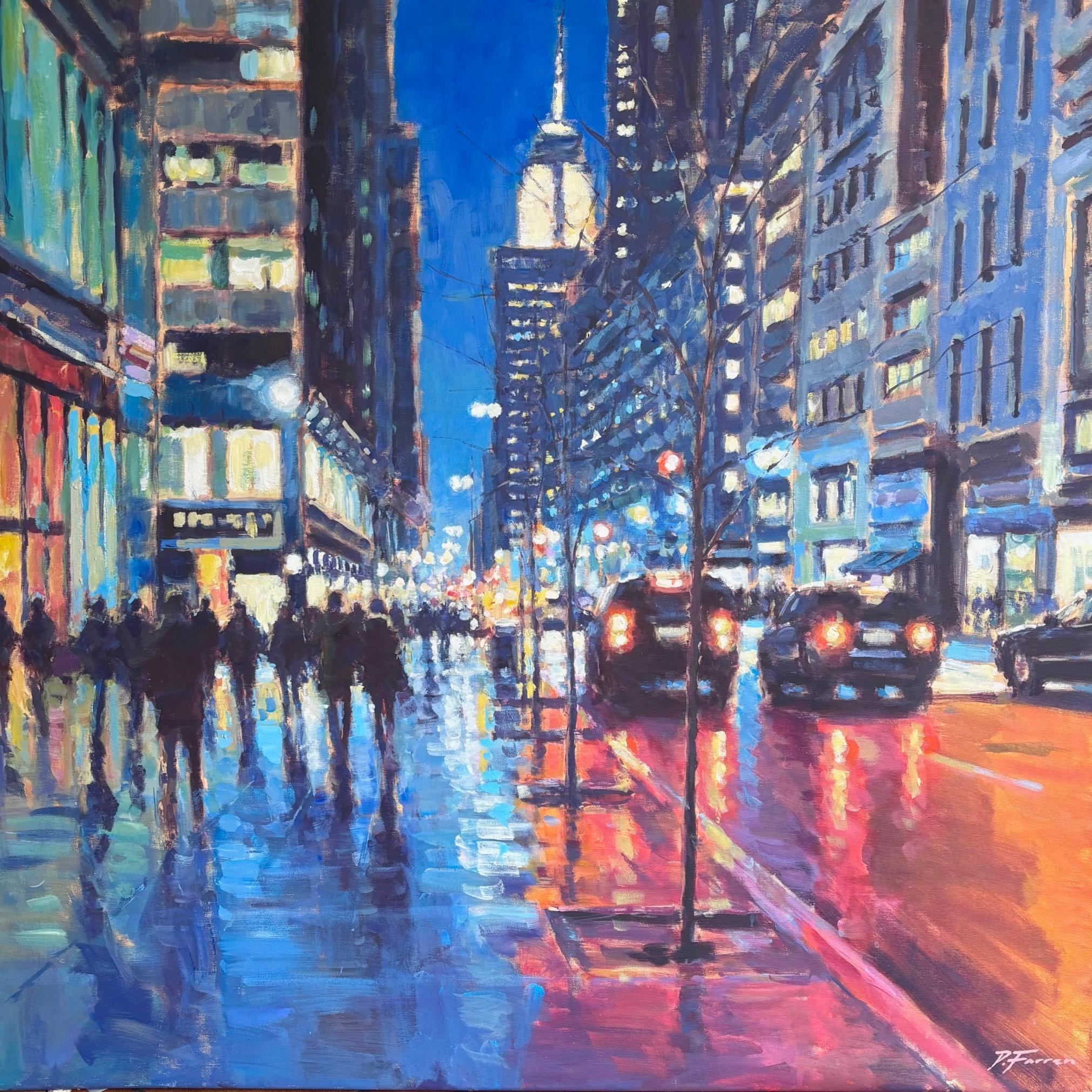 David Farren Landscape Painting – Night Lights on Fifth Avenue - Original-Impressionismus NYC - zeitgenössische Kunst