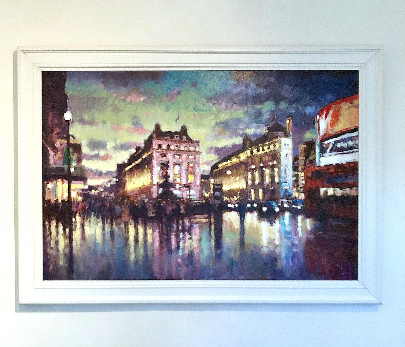 Nachtfall, Piccadilly Circus-Original-Impressionismus Londoner Stadtansichtsgemälde (Grau), Landscape Painting, von David Farren