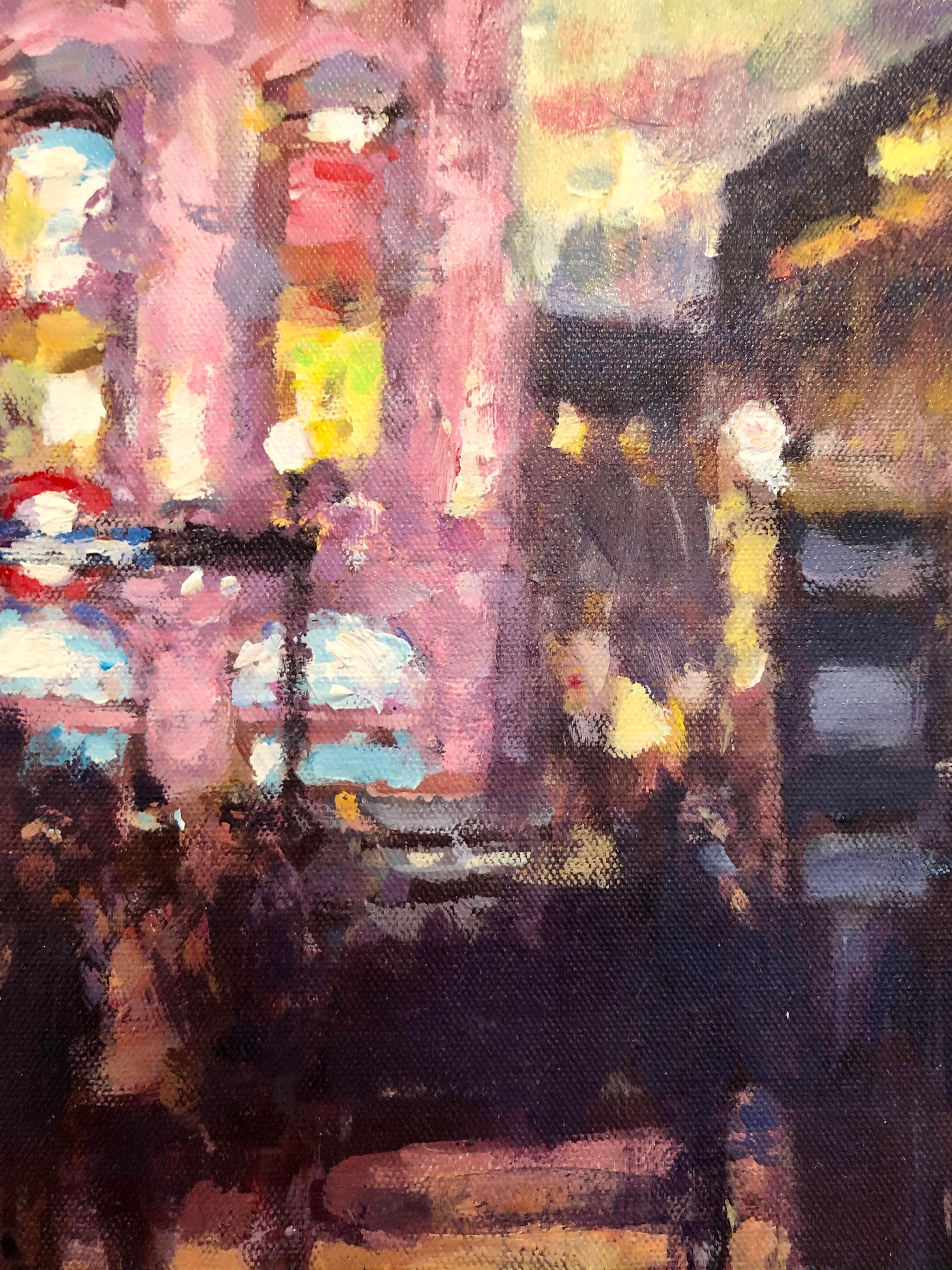 Nightfall, Piccadilly Circus-original impressionism London cityscape painting - Abstract Painting Grigio di David Farren