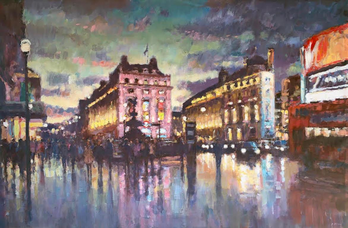 Abstract Painting di David Farren - Nightfall, Piccadilly Circus-original impressionism London cityscape painting
