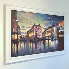 Nightfall, Piccadilly Circus, impressionnisme original, peinture de paysage urbain londonien