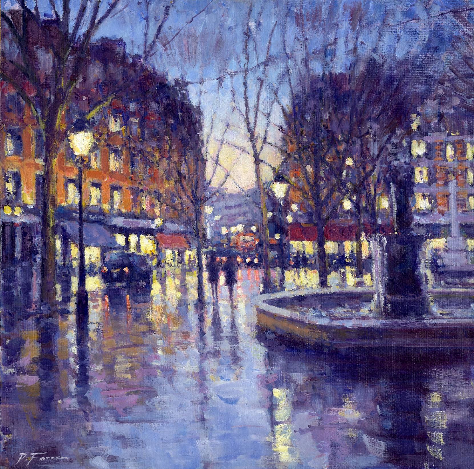 Nightfall, Sloane Square - original impressionism oil painting, London cityscape - Painting by David Farren