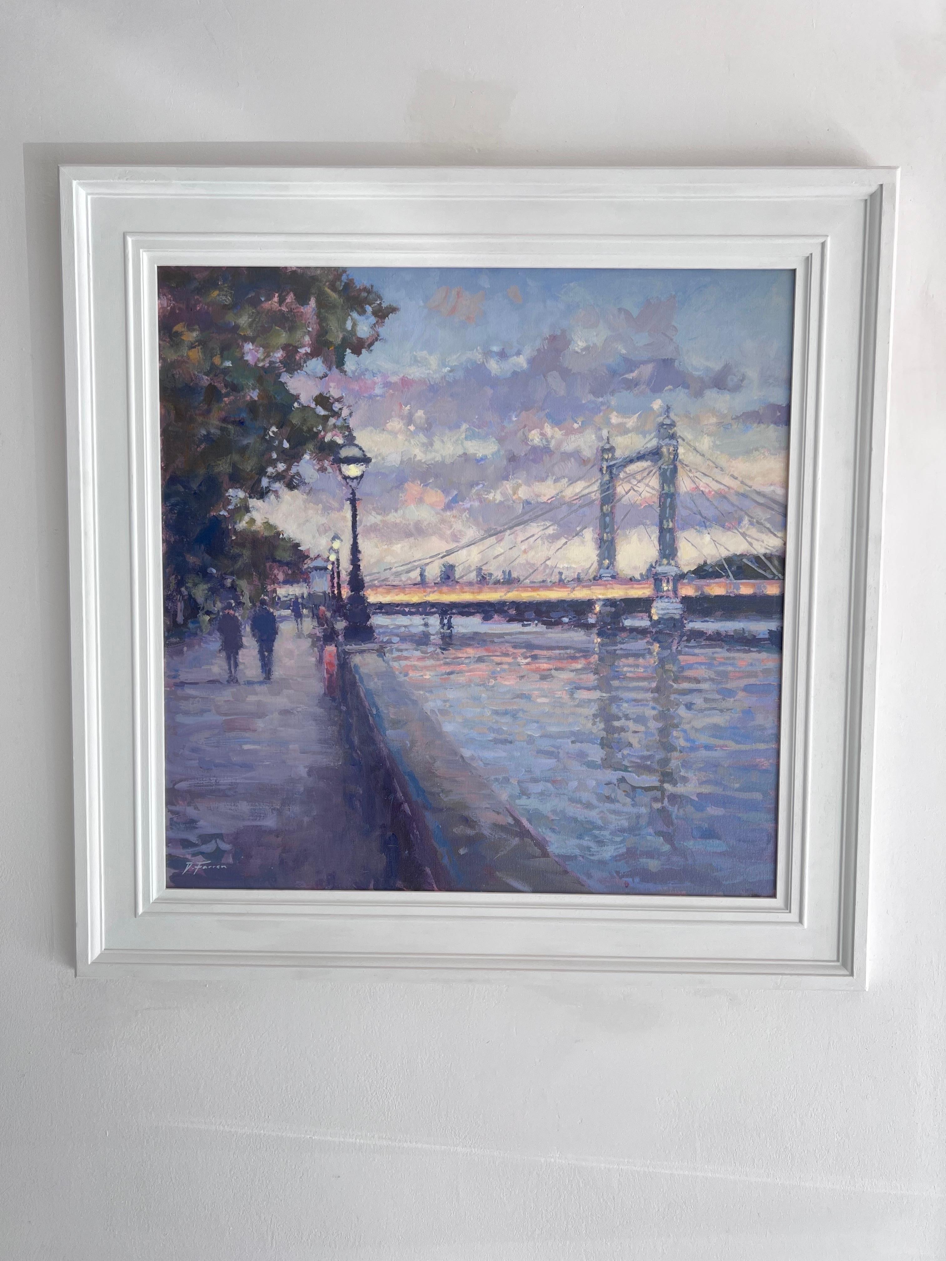 October Evening, Albert Bridge-Art, original impressionism cityscape painting - Painting by David Farren