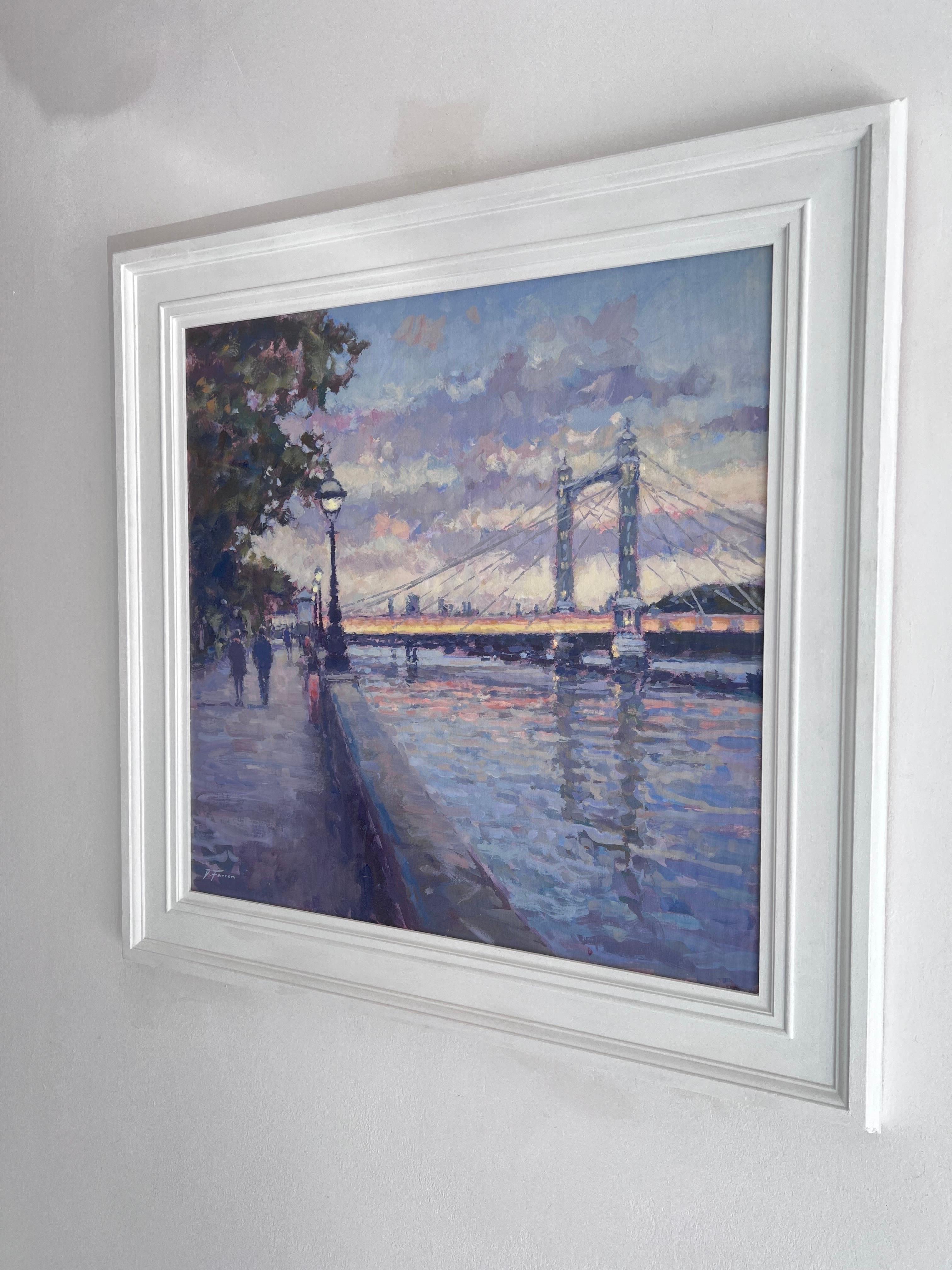 October Evening, Albert Bridge-Art, peinture impressionniste originale de paysage urbain - Impressionnisme Painting par David Farren