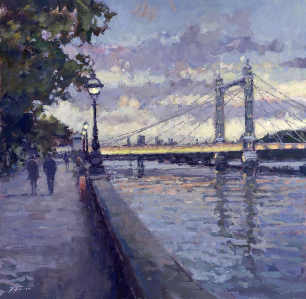 Landscape Painting David Farren - October Evening, Albert Bridge-Art, peinture impressionniste originale de paysage urbain