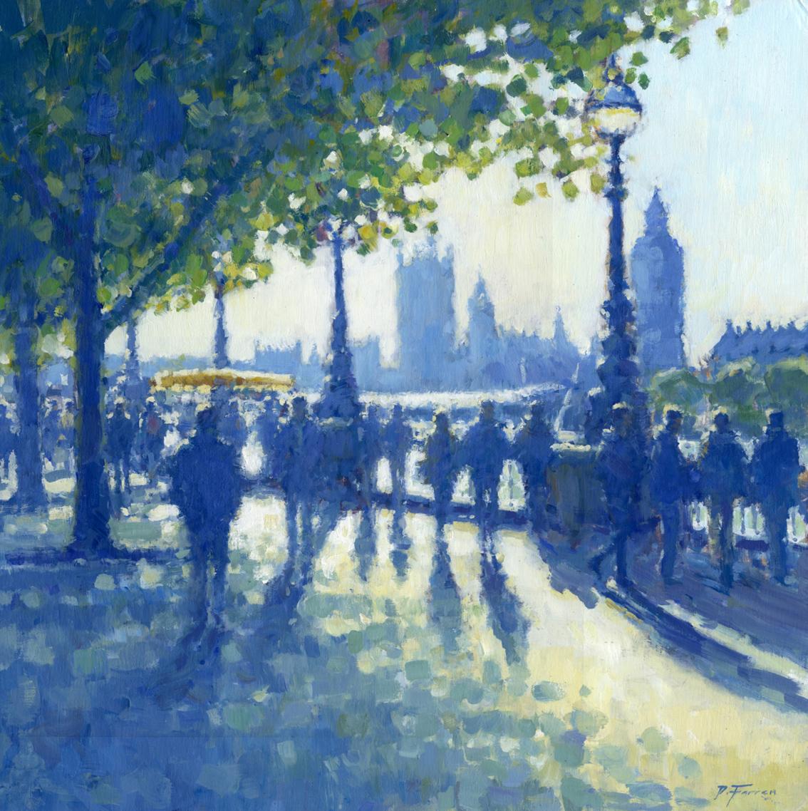David Farren Landscape Painting - October Sunshine, Southbank- impressionism London cityscape painting- modern art