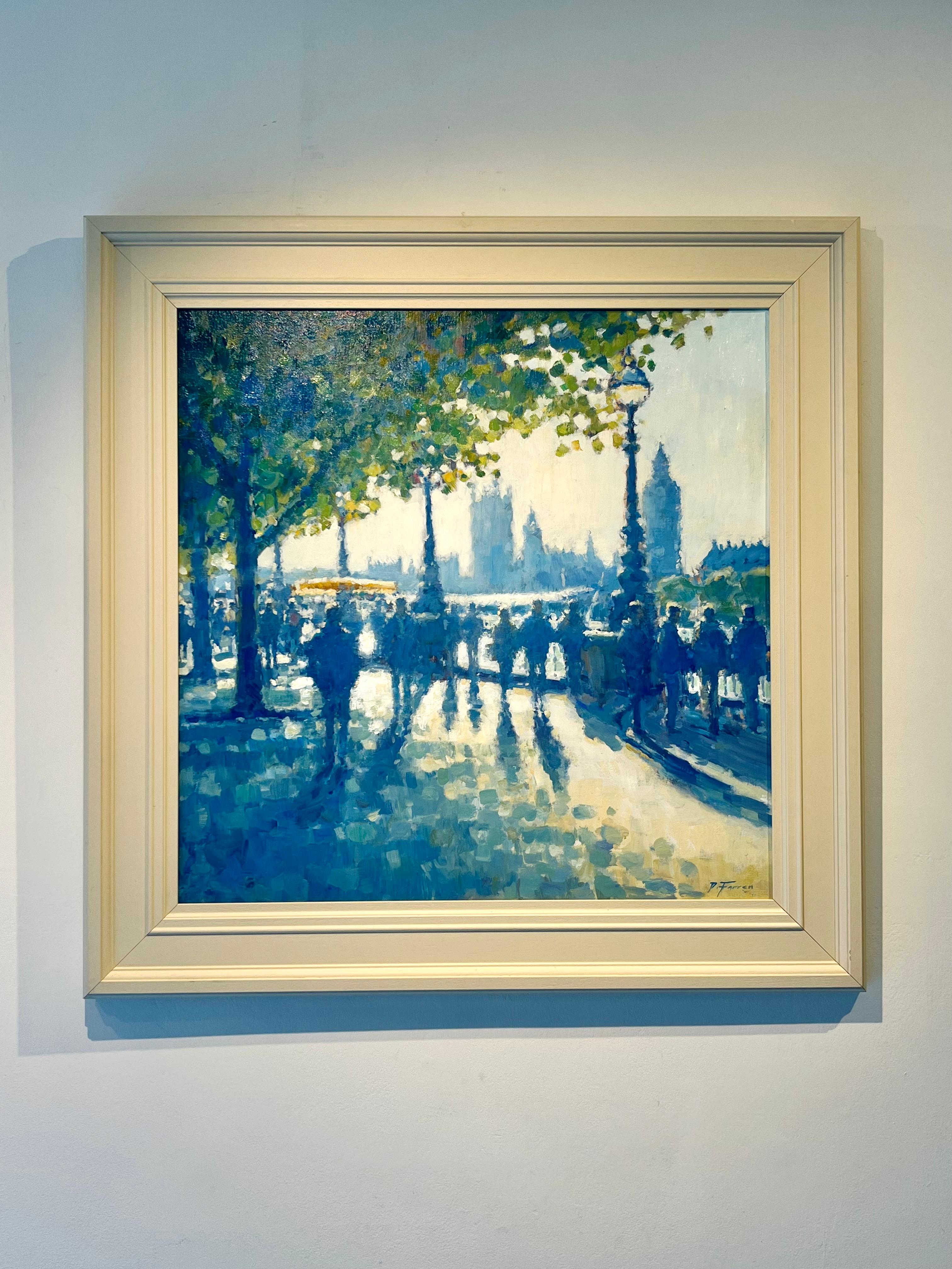 October Sunshine, Southbank - paesaggio urbano moderno originale - pittura figurativa - arte - Painting di David Farren