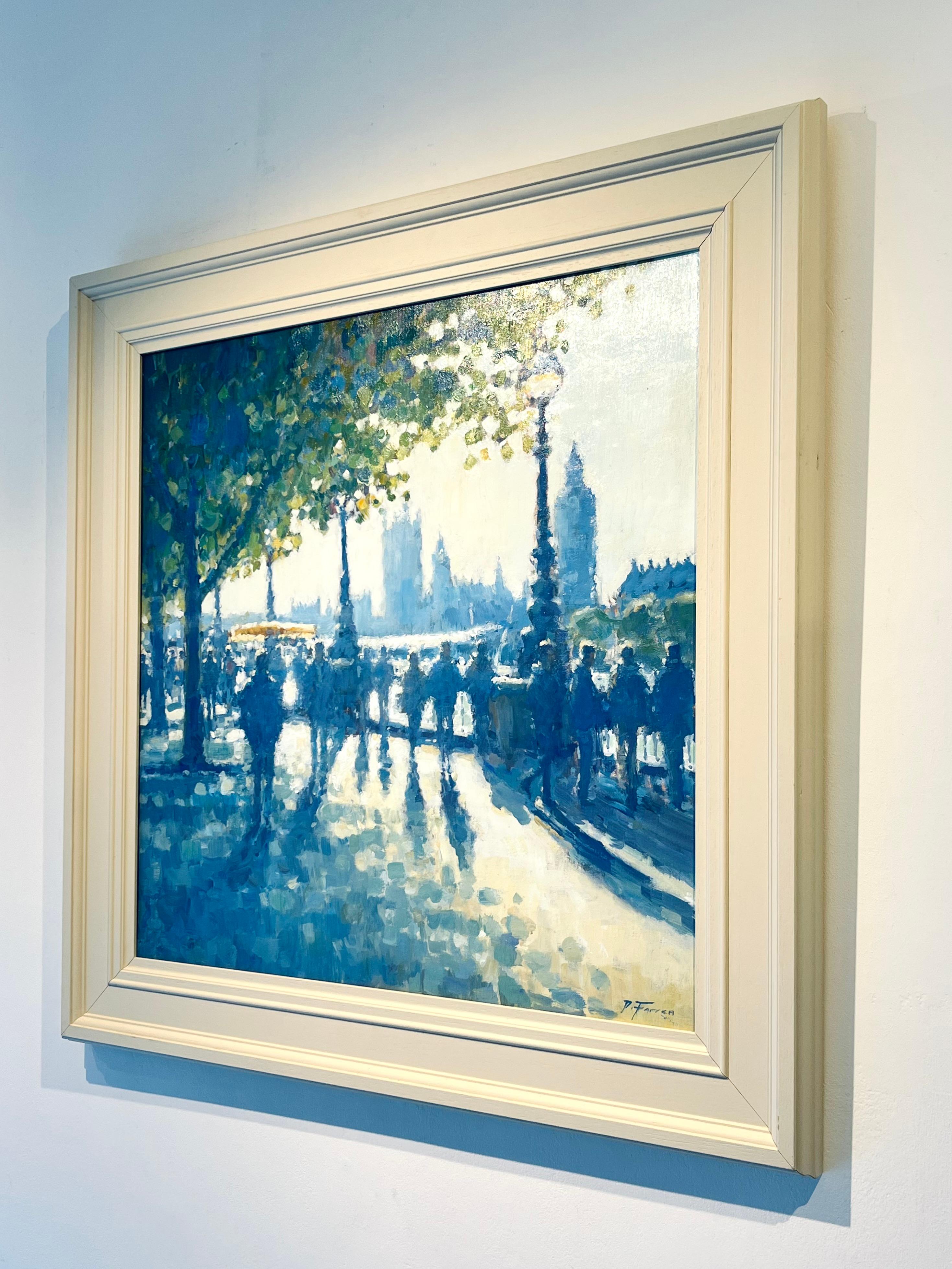 October Sunshine, Southbank - paesaggio urbano moderno originale - pittura figurativa - arte - Landscape Painting Blu di David Farren
