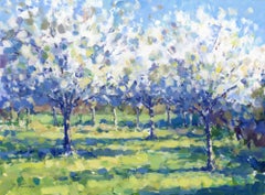 Frutteto in fiore - dipinto originale di paesaggio impressionista - arte contemporanea