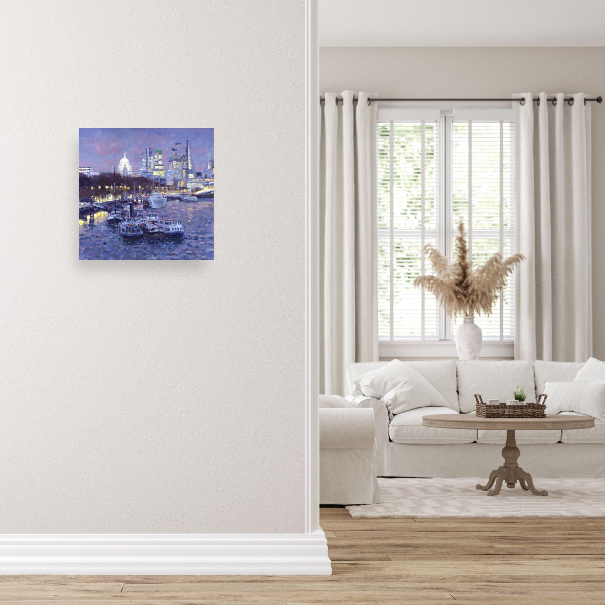 River Thames at Dusk-original impressionism London painting-contemporary Art - Painting de David Farren
