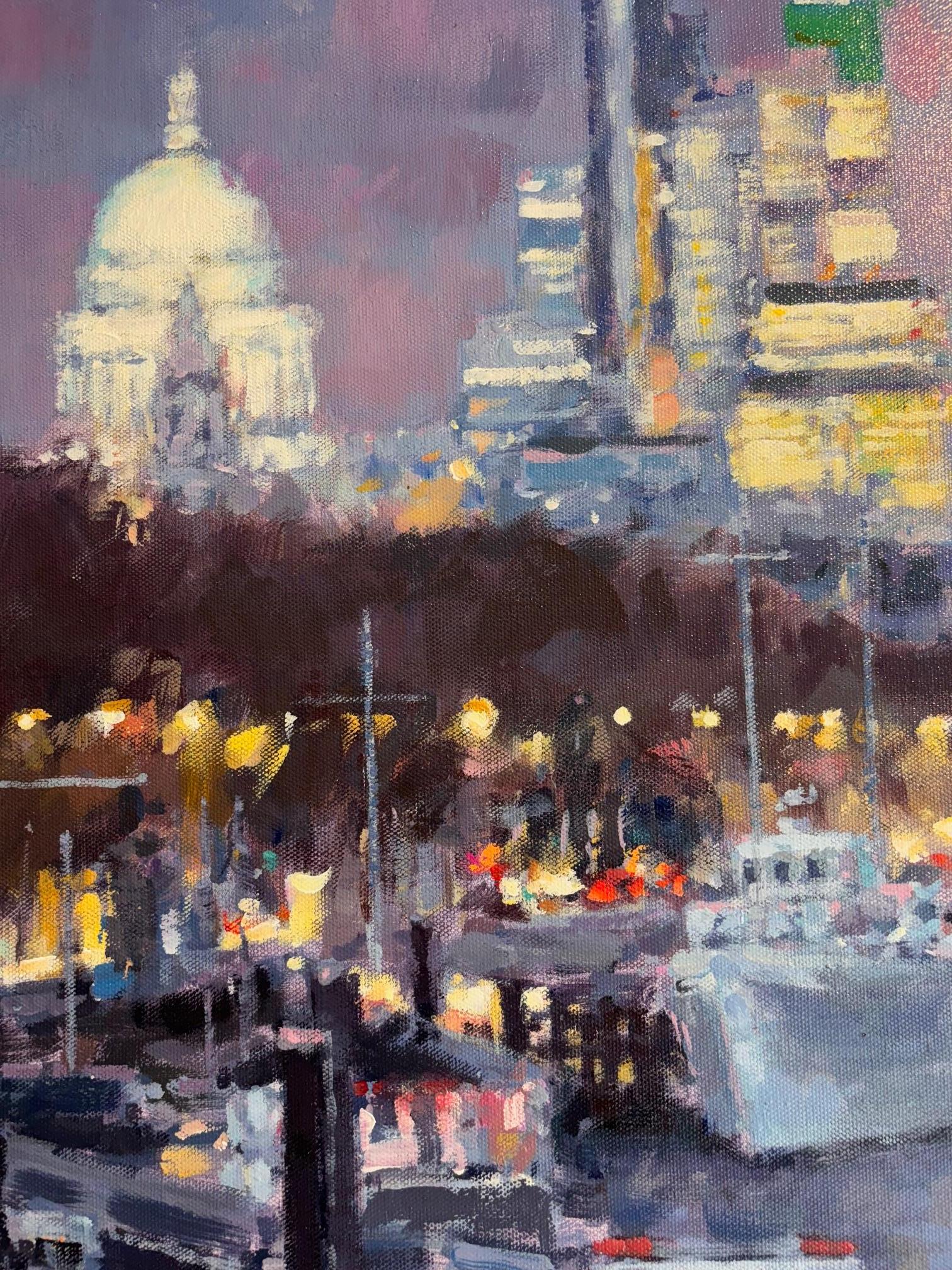 Themse in der Abenddämmerung - Original-Impressionismus Londoner Malerei - Zeitgenössische Kunst (Violett), Figurative Painting, von David Farren
