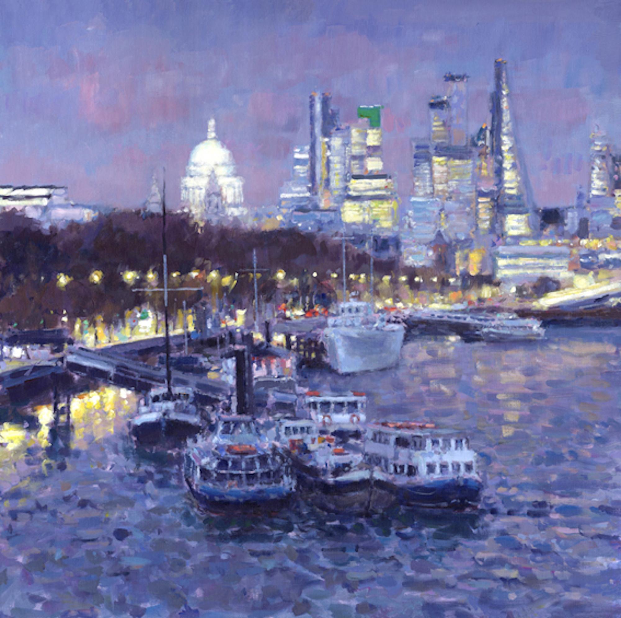David Farren Landscape Painting - River Thames at Dusk-original impressionism London painting-contemporary Art
