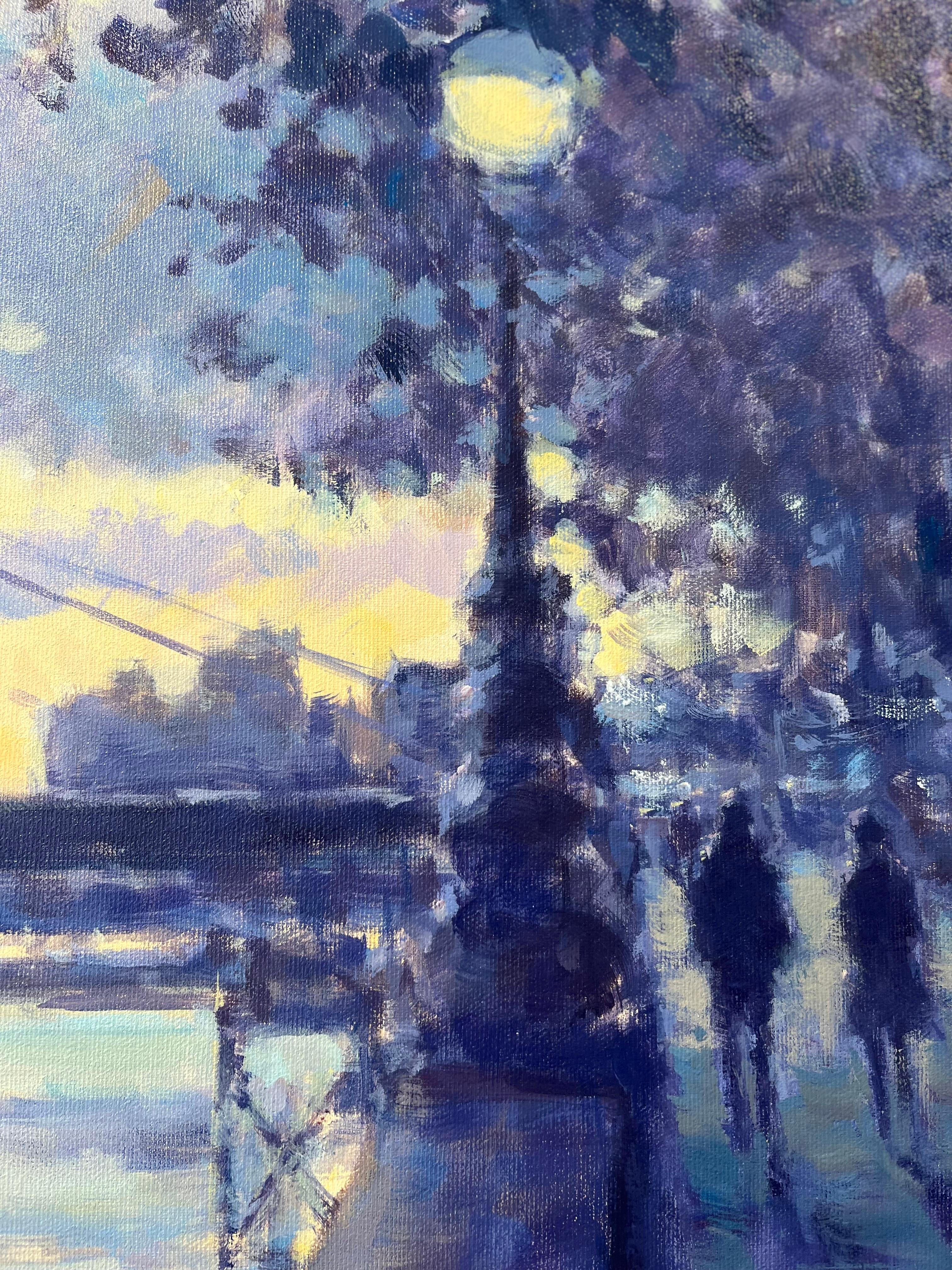 September Evening, Albert Bridge- impressionism London painting- original Art - Purple Figurative Painting by David Farren