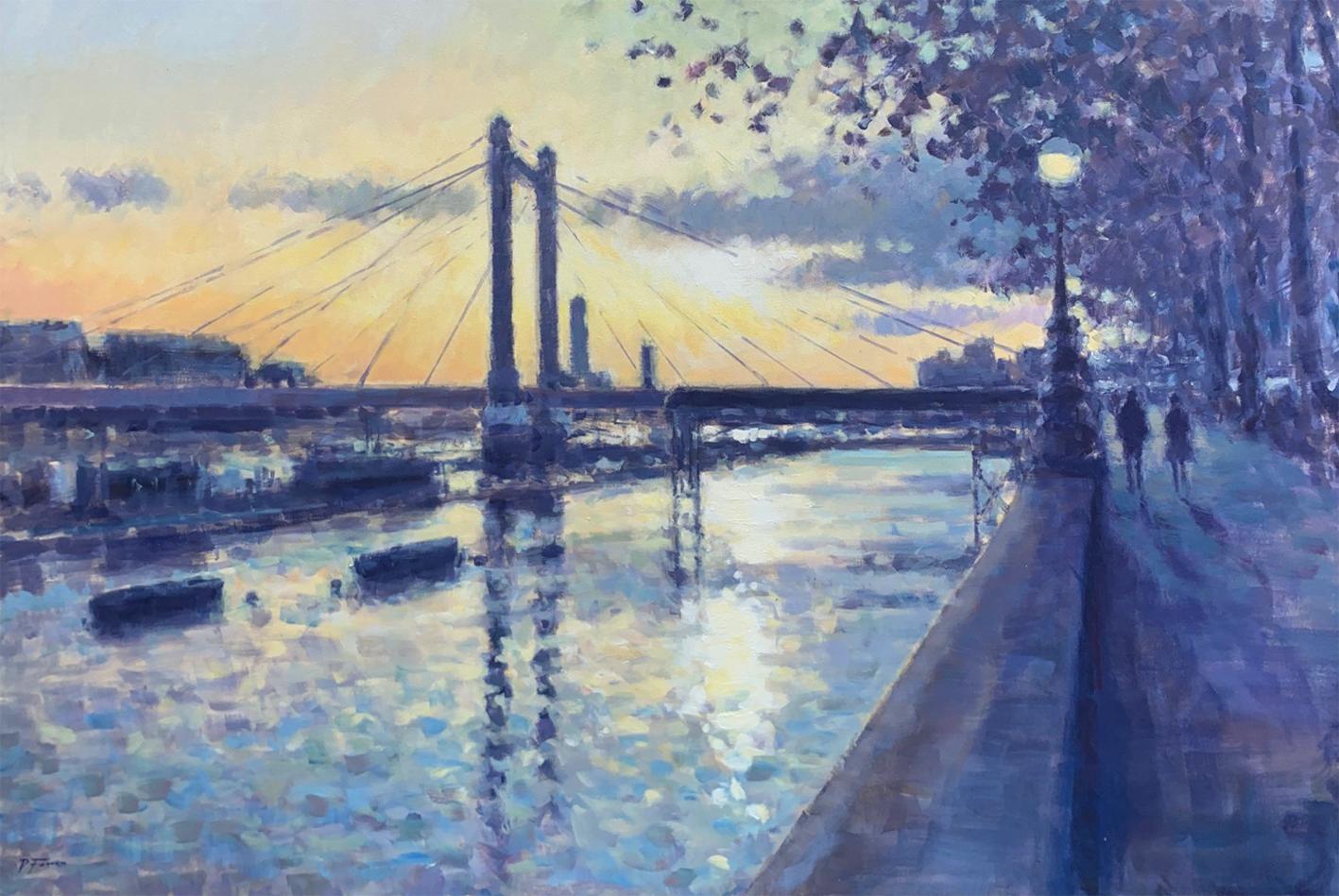 David Farren Figurative Painting - September Evening, Albert Bridge- impressionism London painting- original Art