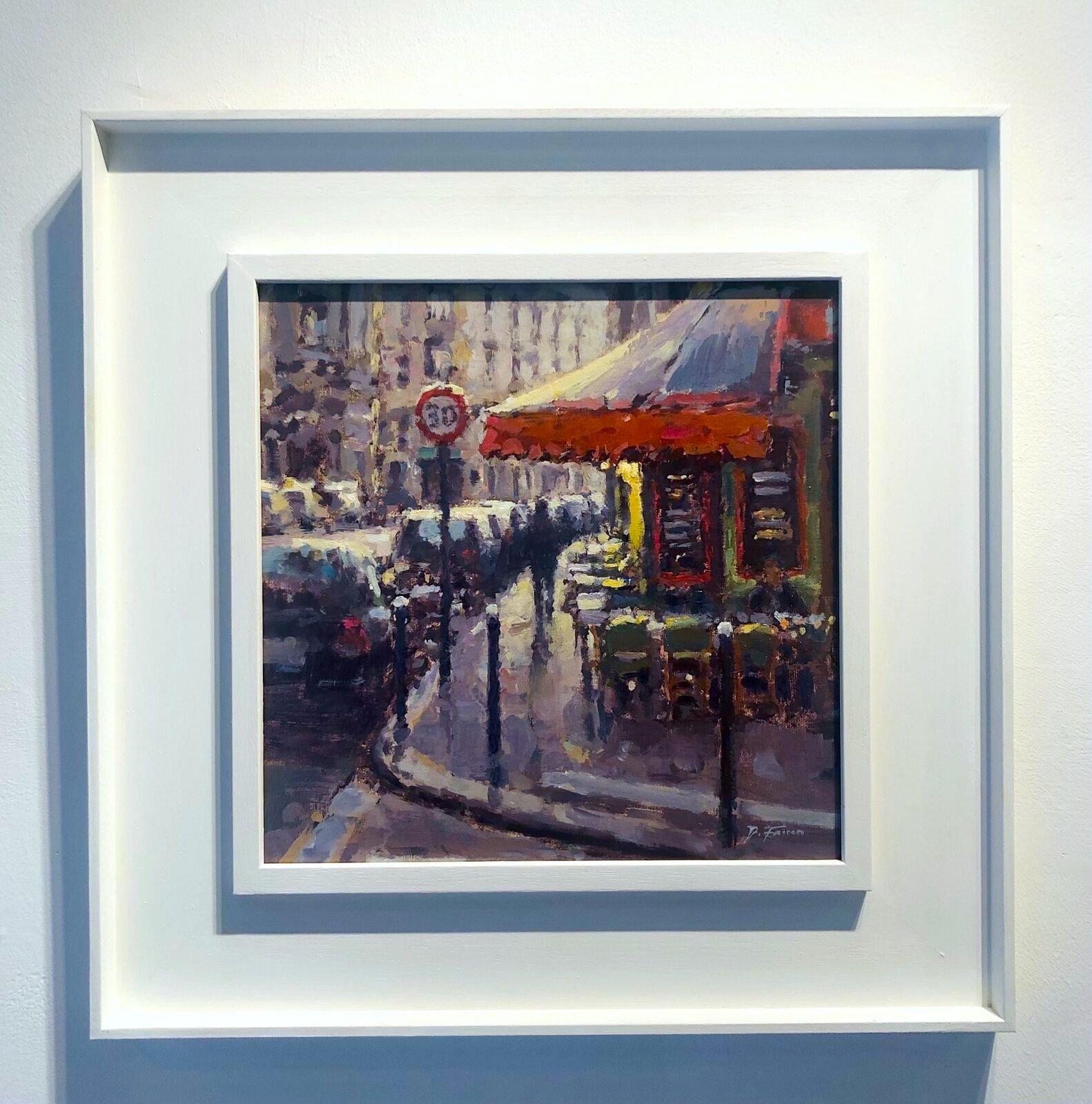 Street Corner Cafe, Paris-original impressionism cityscape coffee painting-Art - Painting by David Farren