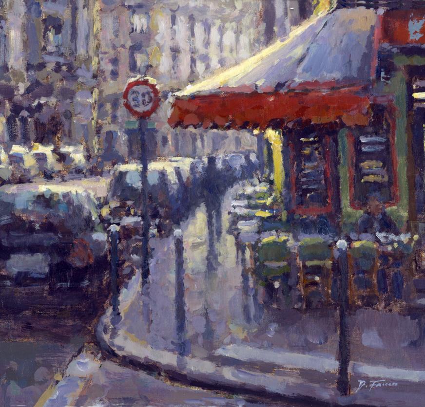 Street Corner Cafe, Paris-original impressionism cityscape coffee painting-Art - Painting by David Farren