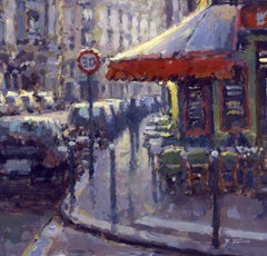 Street Corner Cafe, París-Pintura original de café de paisaje urbano impresionista-Arte