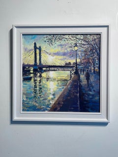 Passeggiata al tramonto, Chelsea Embankment -pittura originale impressionista di paesaggio urbano