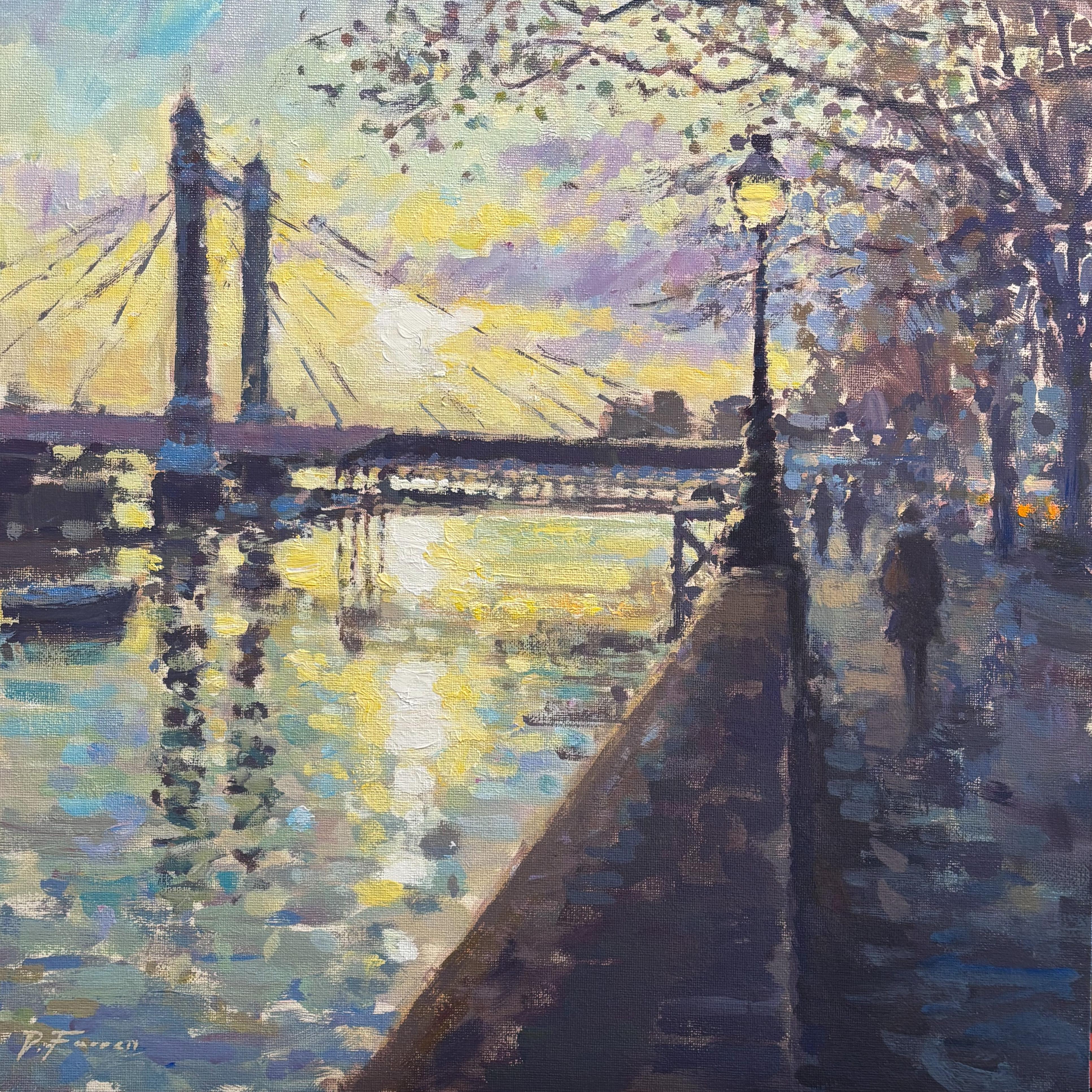Spaziergang bei Sonnenuntergang, Chelsea Embankment -Original-Impressionismus-Stadtbildmalerei-Kunst