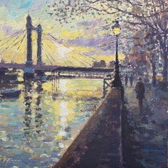 Passeggiata al tramonto, Chelsea Embankment -pittura originale impressionista di paesaggio urbano