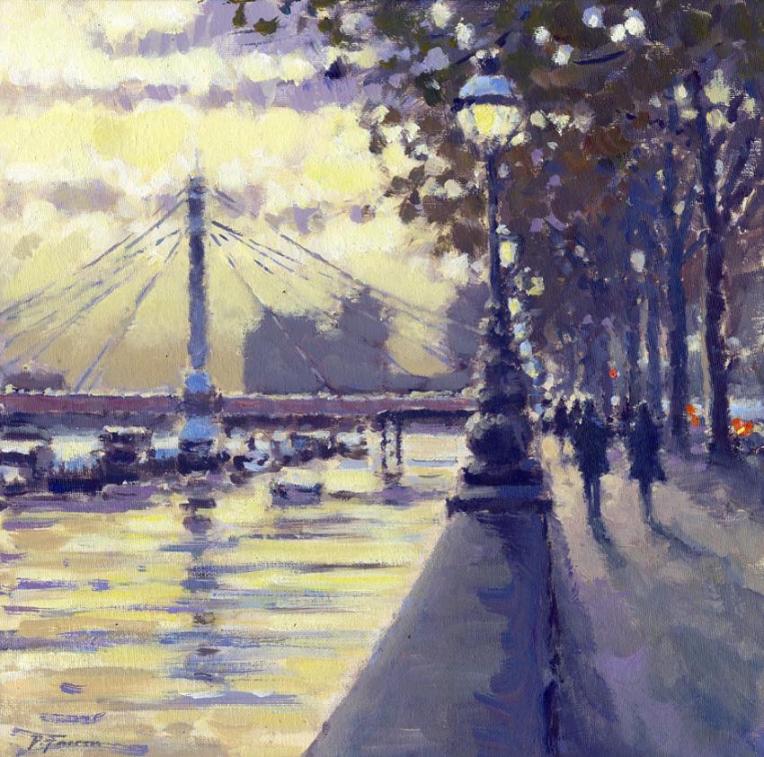 Sonnenuntergang, Albert Bridge – Original-Impressionismus Londoner Stadtlandschaft, Gemälde-Kunst