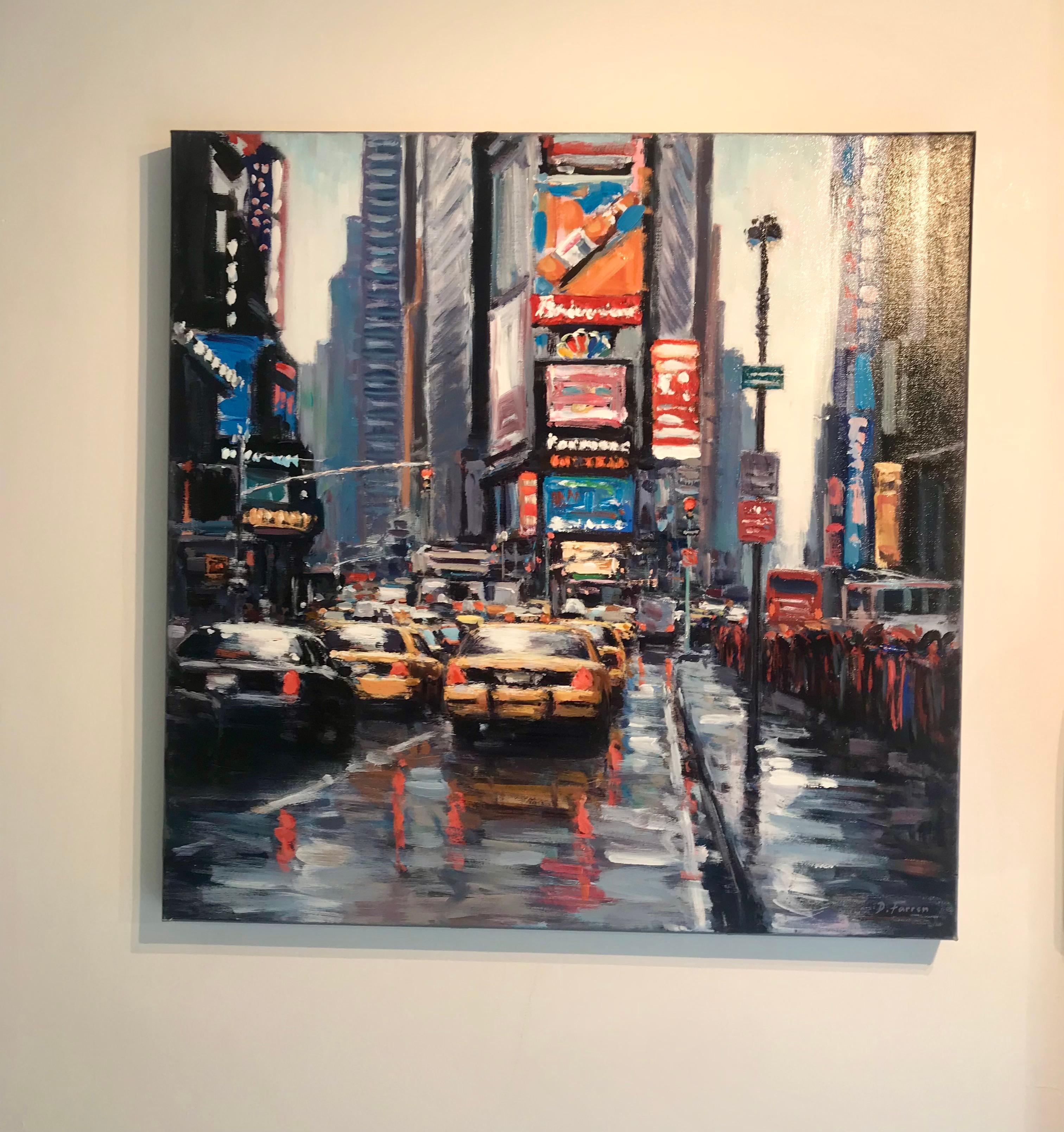 Time Square, New York, États-Unis  Paysage urbain paysager, peinture impressionniste moderne - Painting de David Farren