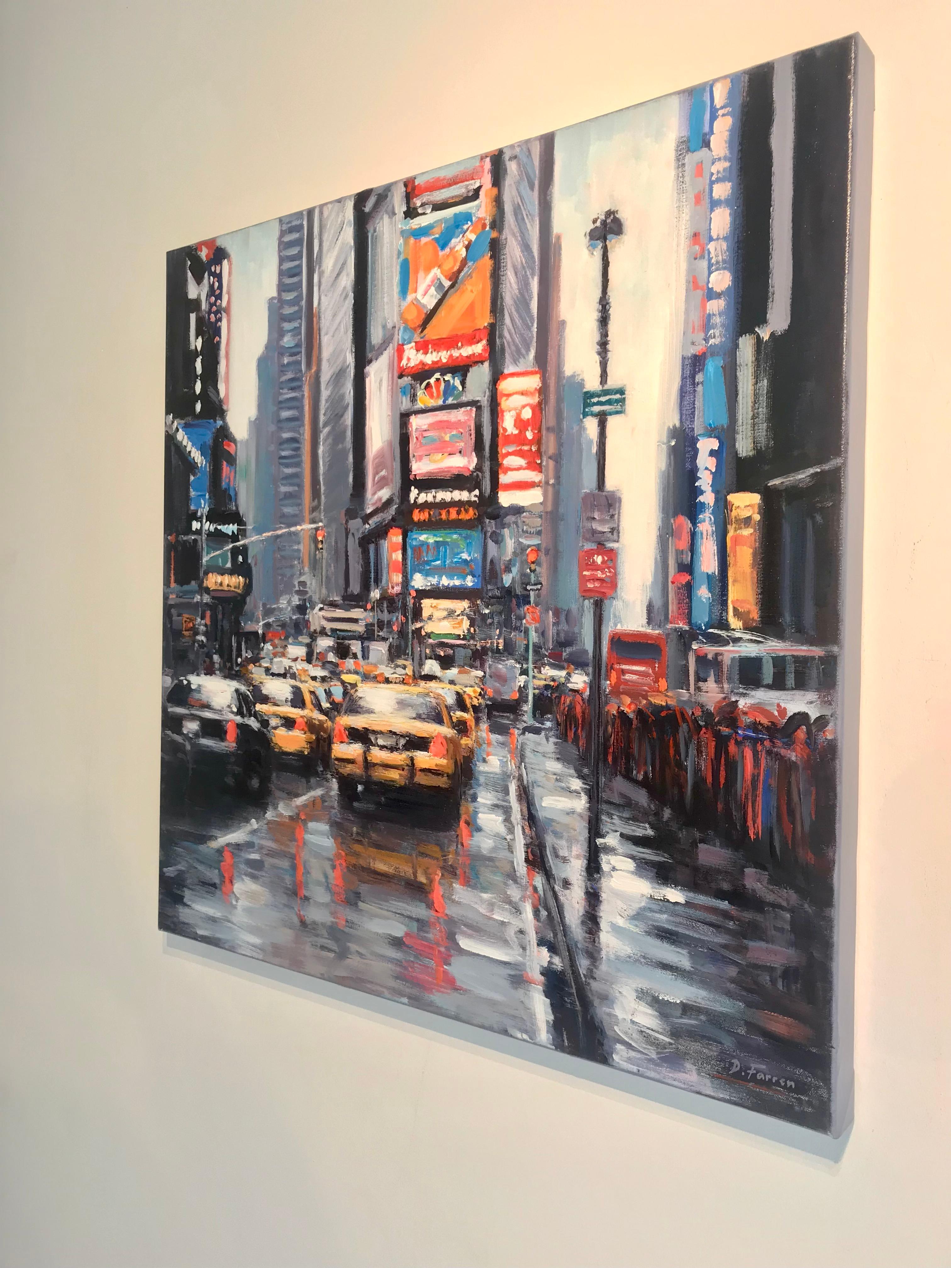 Dieses Gemälde des zeitgenössischen Impressionisten David Farren zeigt die intensiven Illuminationen, die die Hauptstadt verschönern. Die leuchtenden Lichter des glühenden NewYork erstrecken sich über die ganze Stadt und lassen die ganze Perspektive