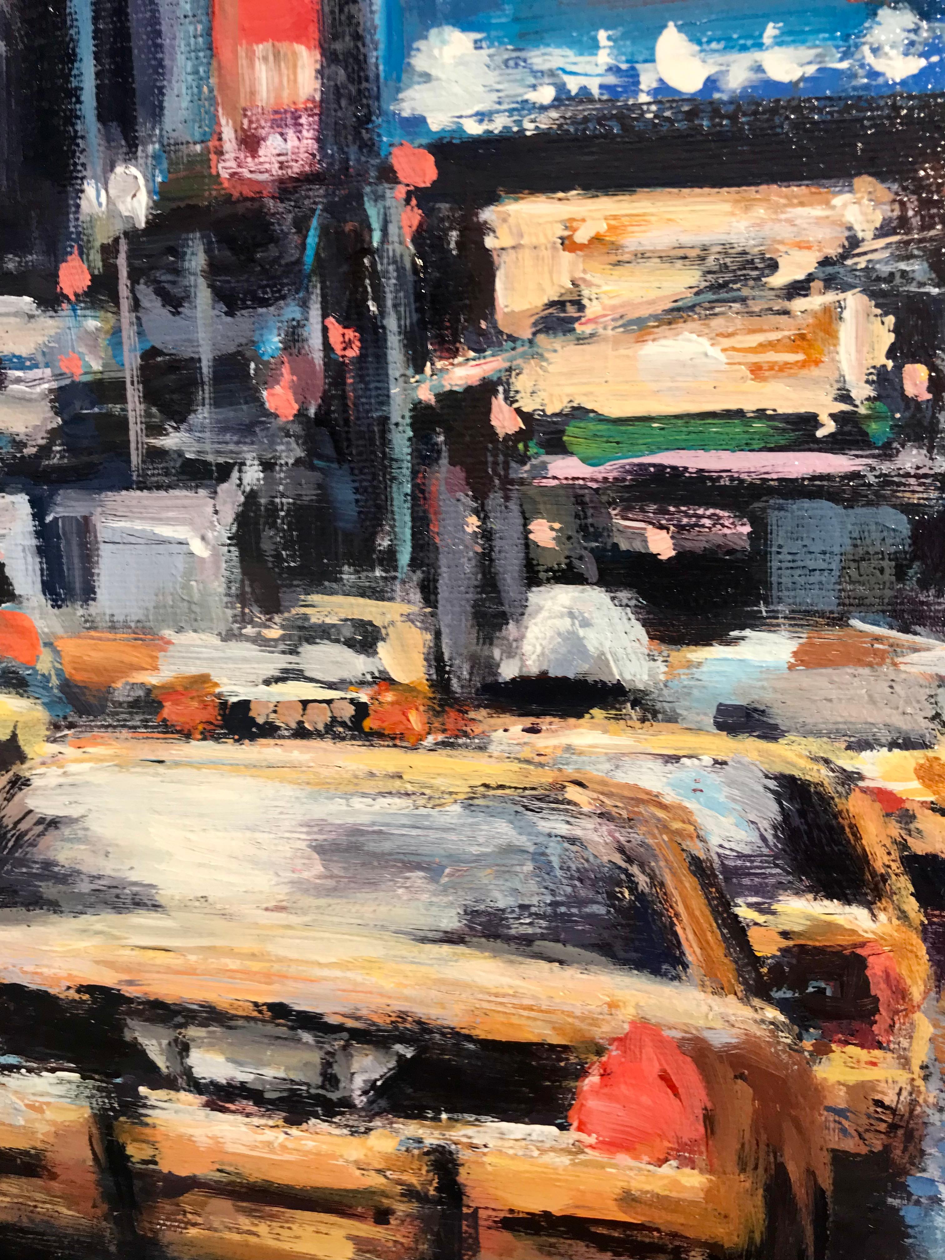 Time Square - New York USA  paesaggio paesaggio urbano pittura impressionismo moderno - Abstract Painting Nero di David Farren