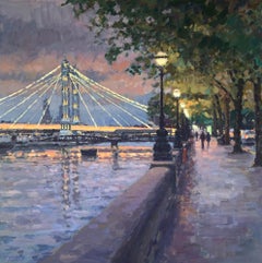 Twilight, Albert Bridge - London impressionist architecture impasto oil paint