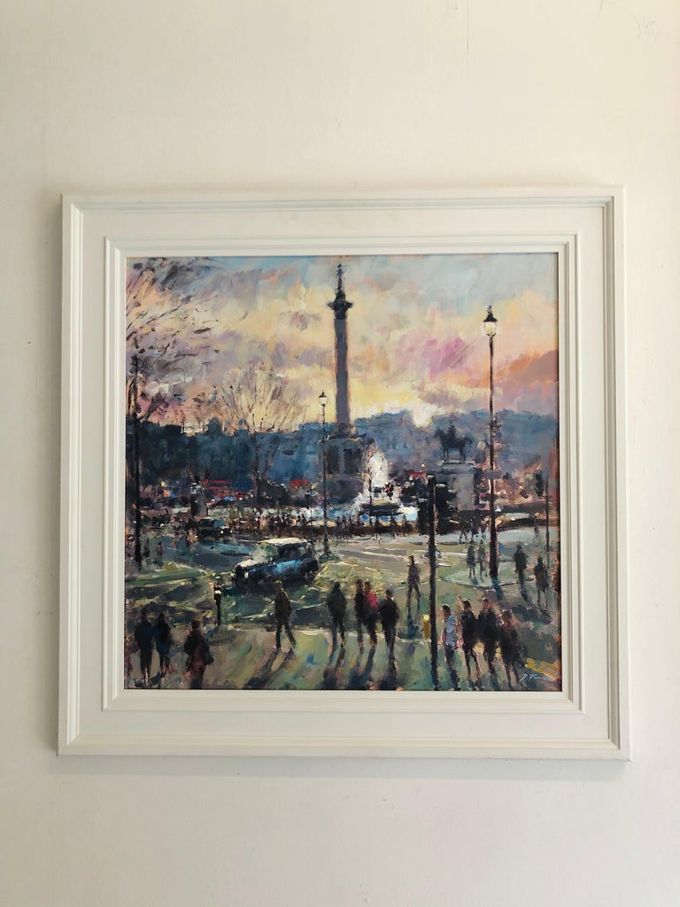 View from St Martins London - Cityscape figure painting Contemporary impression - Painting by David Farren